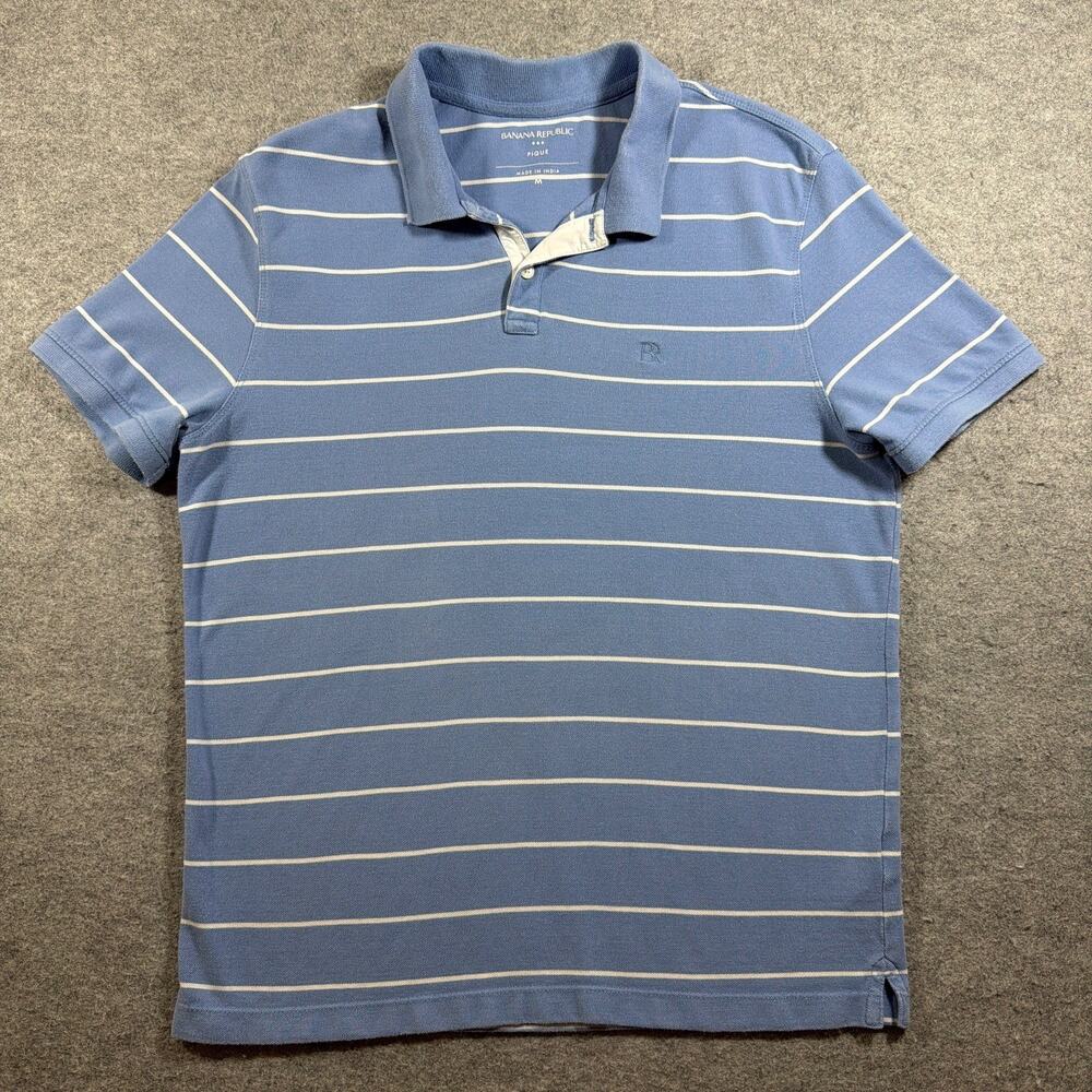 Banana Republic Polo Shirt Mens M Blue Striped Pique Cotton Preppy Golf Casual